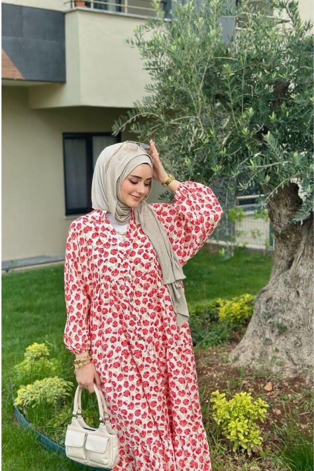 Gül Kiraz Desenli Elbise - Krımızı